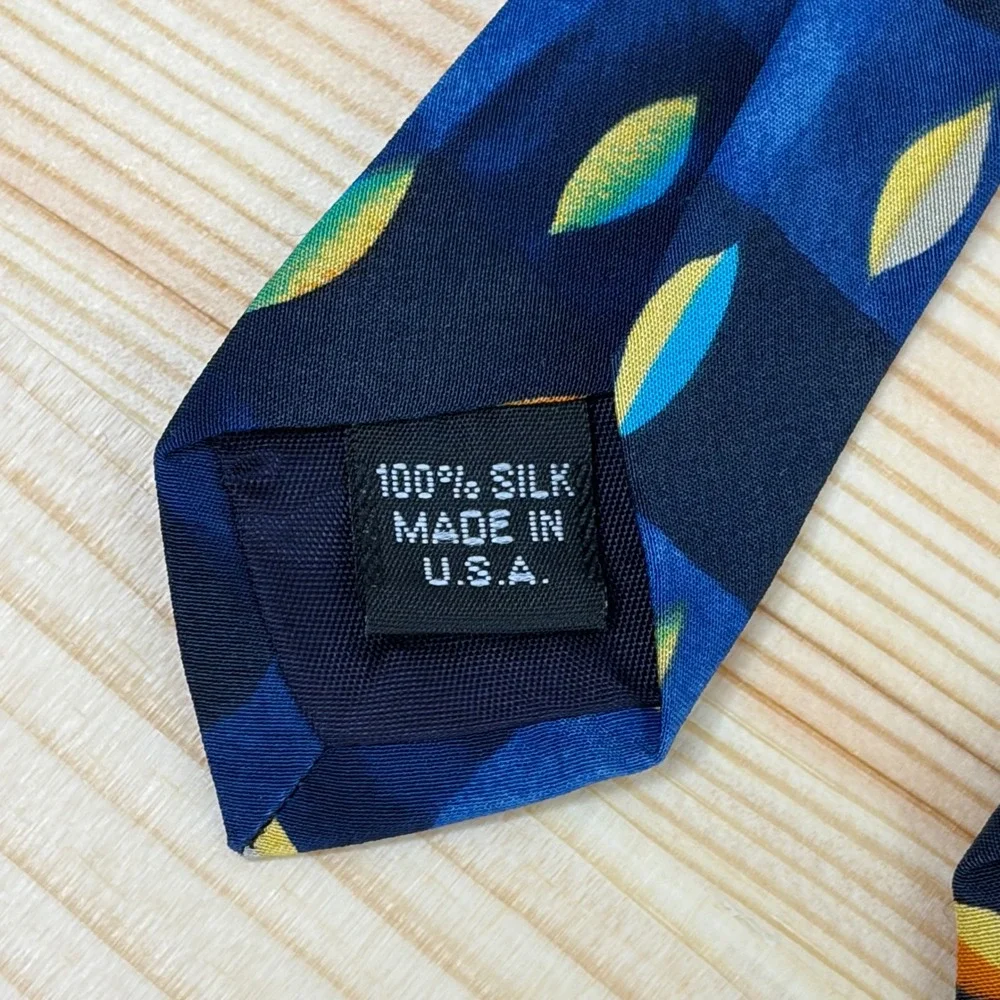 VTG STRUCTURE Silk Tie Men‎ Blue Geometric Leaf Check USA Made Abstract Colorful